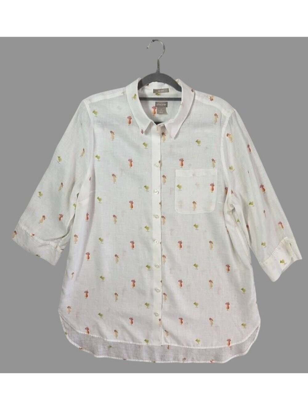 Chico’s No Iron 100% Linen Cocktail Drink Print Tunic Shirt 3/XL 16-18